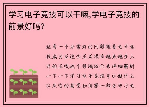 学习电子竞技可以干嘛,学电子竞技的前景好吗？